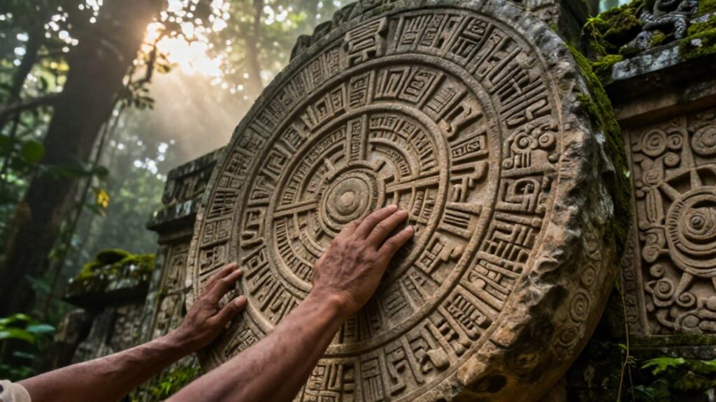 Manos de un astrónomo maya recorriendo glifos en un calendario de piedra bajo la luz del amanecer.