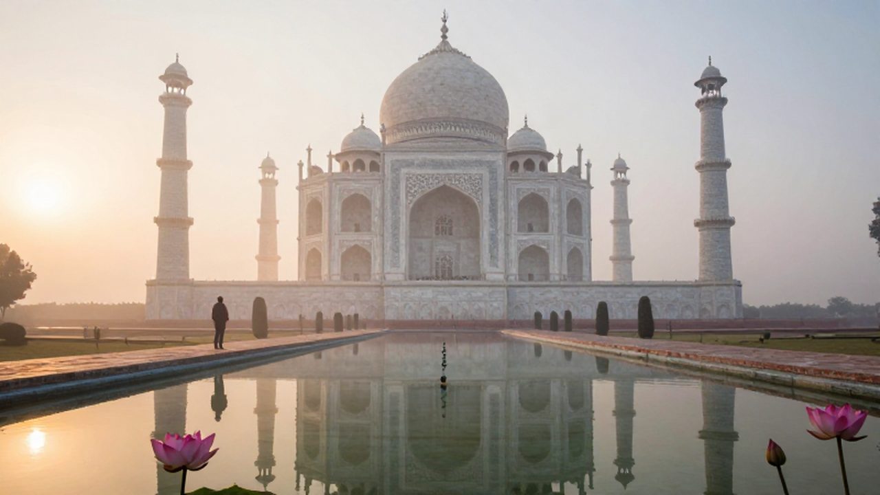 El Taj Mahal se refleja en un estanque con lotos bajo la luz dorada del amanecer.