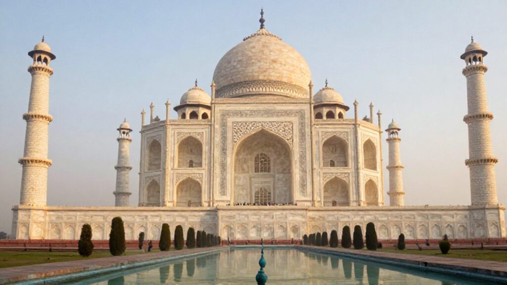 El Taj Mahal de mármol blanco se refleja en un estanque bajo la luz dorada del amanecer.