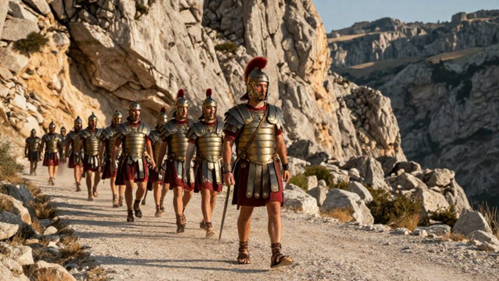 Legión romana marchando por un sendero montañoso bajo la luz del atardecer.