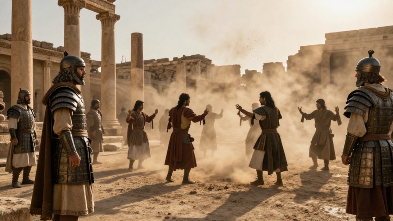Soldados con armaduras de bronce observan a bailarines locales realizar un ritual entre ruinas al atardecer.