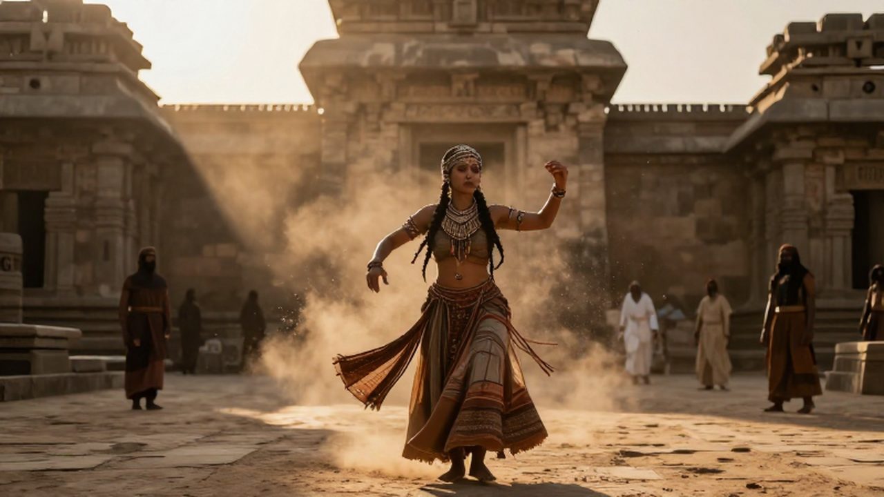 Mujer con vestimentas tradicionales danza frente a unas ruinas de piedra bajo la luz dorada del atardecer.