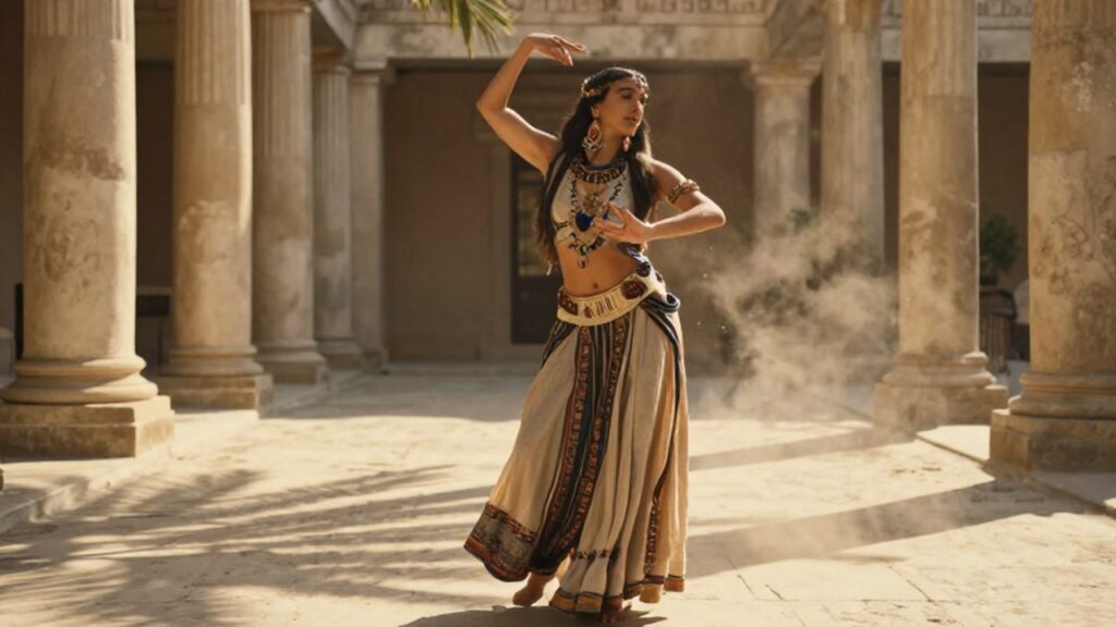 Una bailarina con vestiduras de seda danza en un patio mediterráneo rodeado de columnas.
