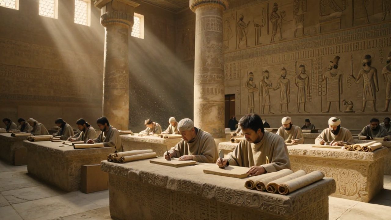 Escribas mesopotámicos registrando inscripciones cuneiformes en tablillas de arcilla dentro de un salón administrativo antiguo.