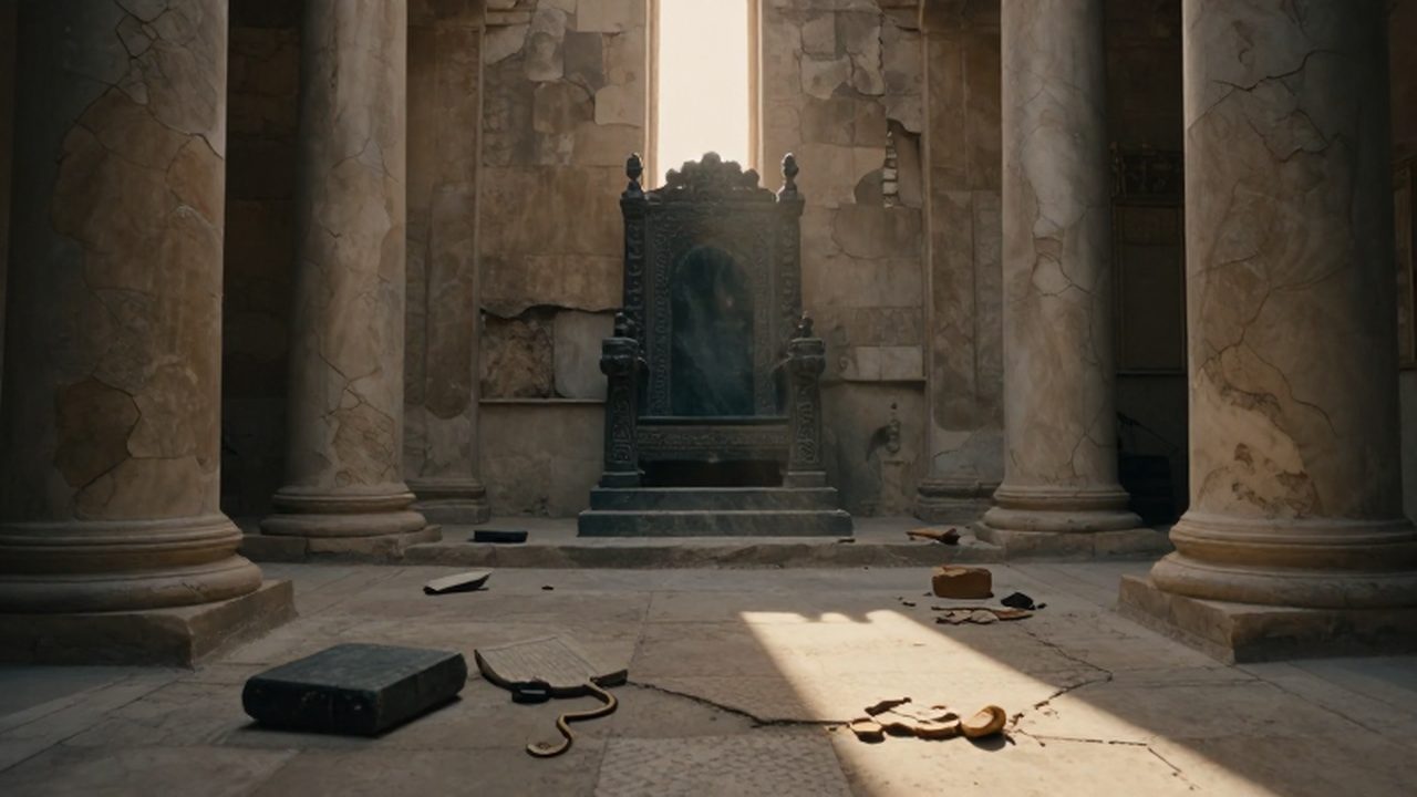 Trono de basalto oscuro y columnas de mármol agrietadas en un salón de piedra en ruinas.