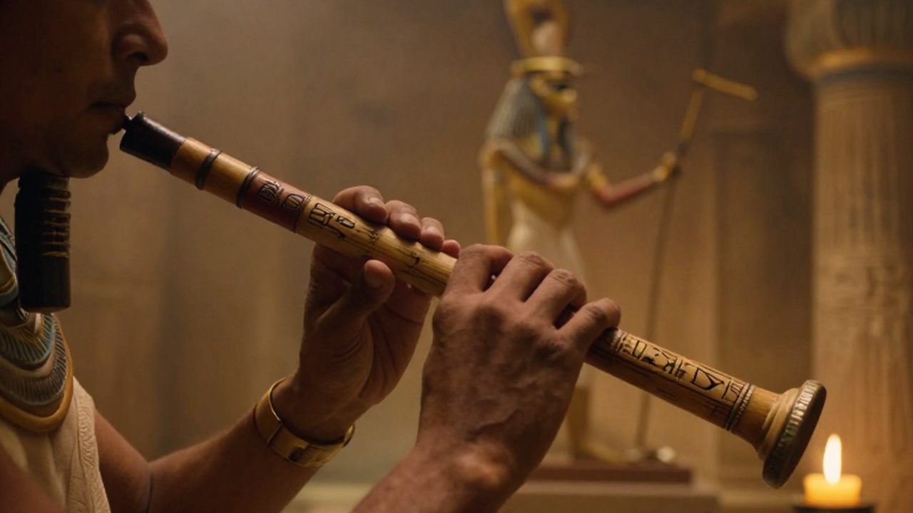 Manos de un músico egipcio tocando una flauta de madera con jeroglíficos ante la luz de las velas.
