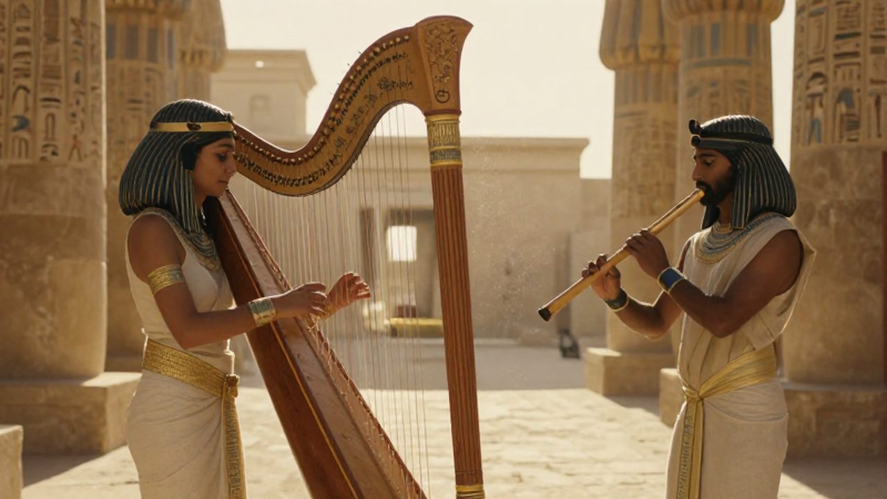 Músicos del antiguo Egipto tocan el arpa y la flauta en un palacio iluminado por el atardecer.