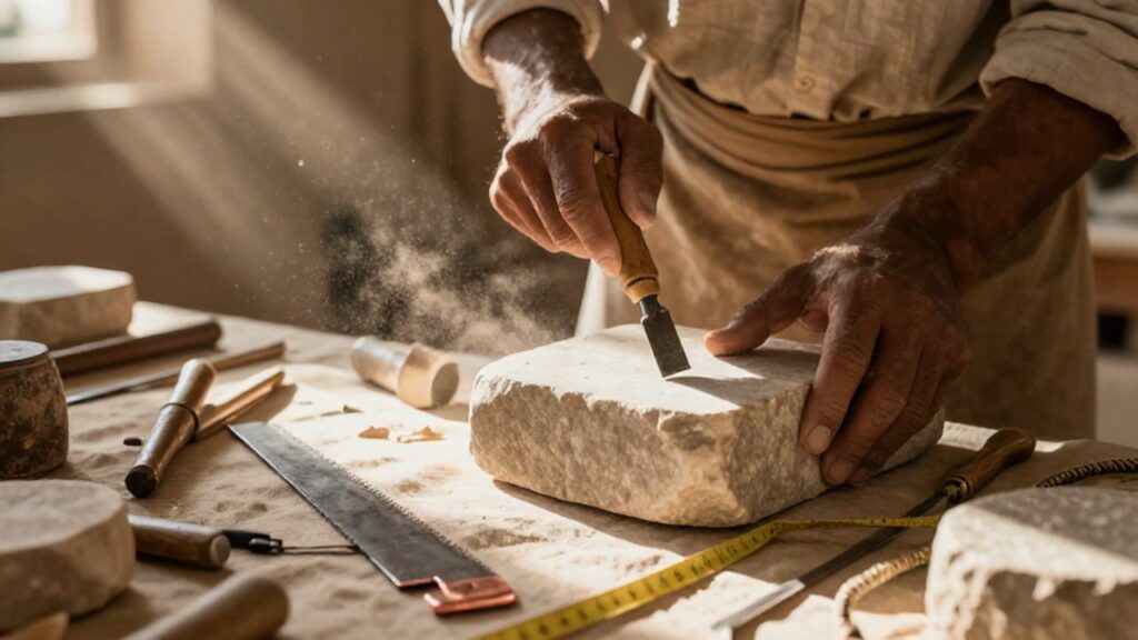 Manos de un artesano egipcio tallando un bloque de piedra con un cincel y un mazo.