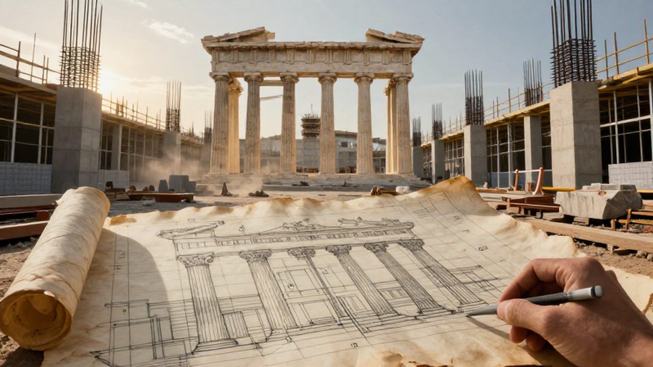 Plano antiguo de arquitectura griega superpuesto sobre una moderna obra de construcción con vigas de acero.
