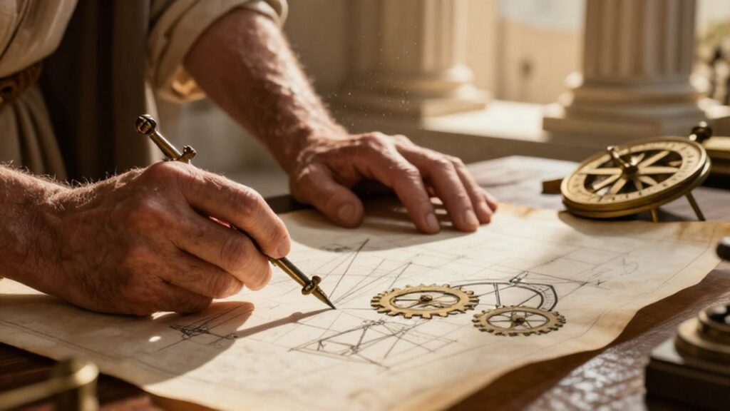 Manos de un arquitecto griego dibujando planos con compás y astrolabio sobre una mesa de madera.