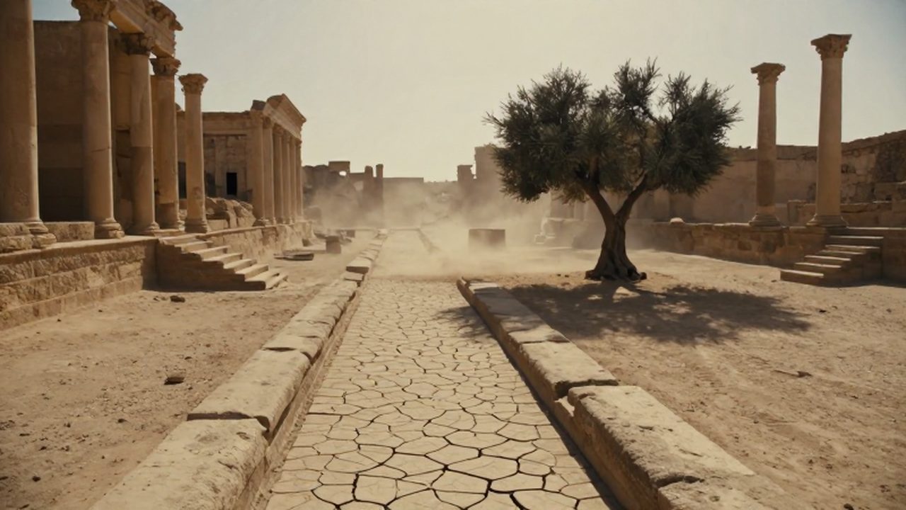 Ruinas de una antigua ciudad desierta entre tierra agrietada y un olivo seco bajo el sol.