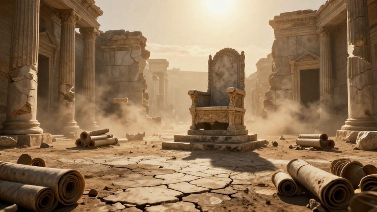 Trono de piedra solitario sobre ruinas de un palacio de mármol en un paisaje desértico.
