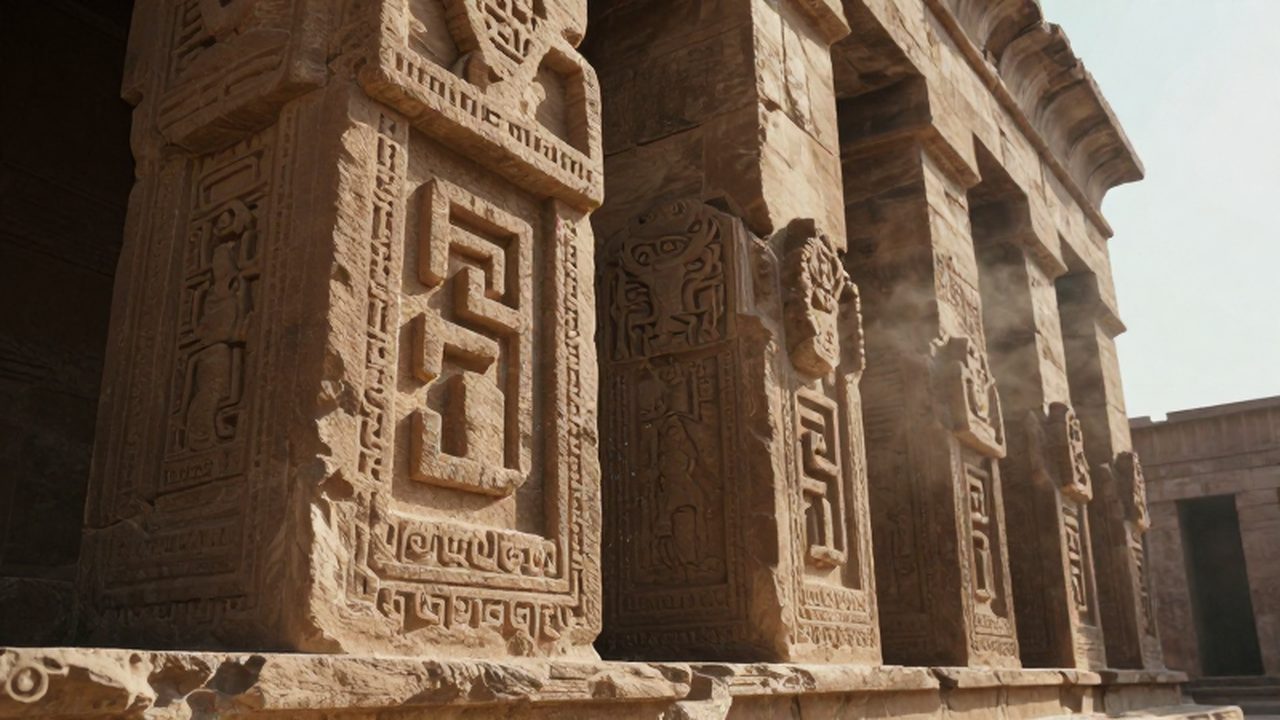 Primer plano de bloques de piedra caliza con tallas geométricas iluminados por la luz del amanecer.