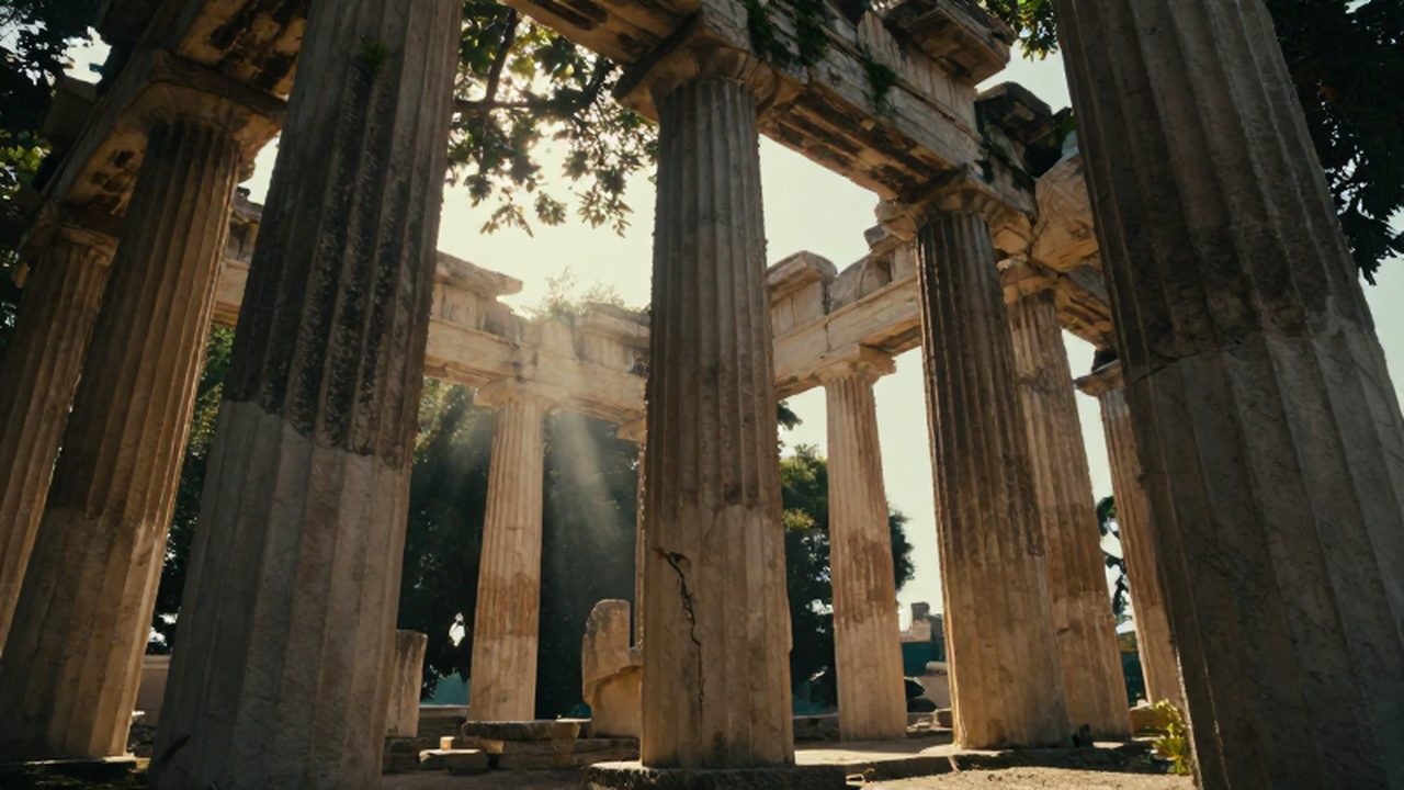 Columnas de mármol de un templo griego en ruinas entre la densa vegetación tropical.