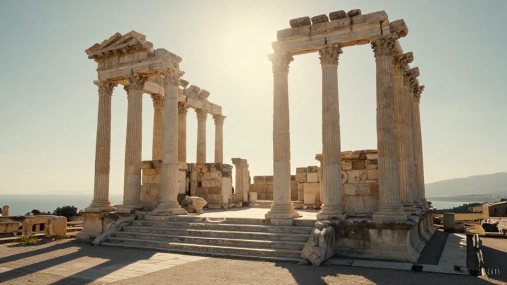 Columnas de mármol de un templo romano en ruinas frente a la costa mediterránea al atardecer.
