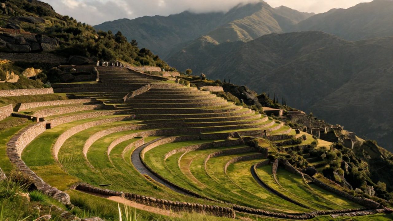 Terrazas agrícolas incas de piedra tallada en una montaña andina bajo la luz del atardecer.