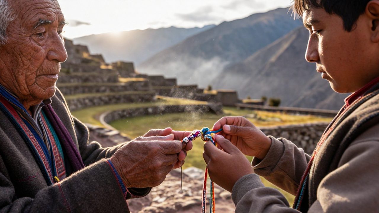 Un anciano inca enseña a un joven a leer un quipu entre terrazas de piedra andinas.