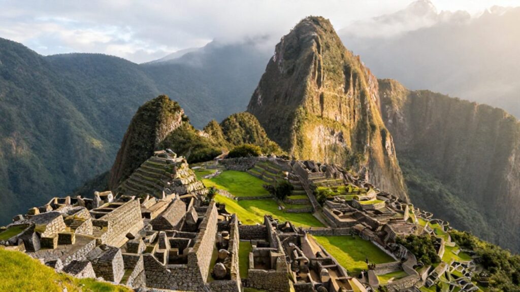 Arquitectura inca de piedra integrada en las montañas verdes de Machu Picchu bajo la luz matinal.