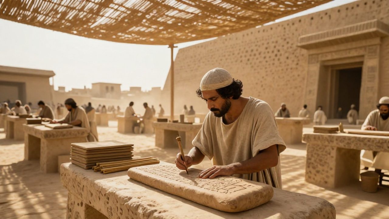 Escriba acadio grabando caracteres cuneiformes en una tablilla de arcilla en un patio mesopotámico.
