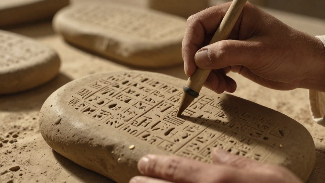 Manos de un escriba sumerio grabando caracteres cuneiformes en una tablilla de arcilla húmeda.