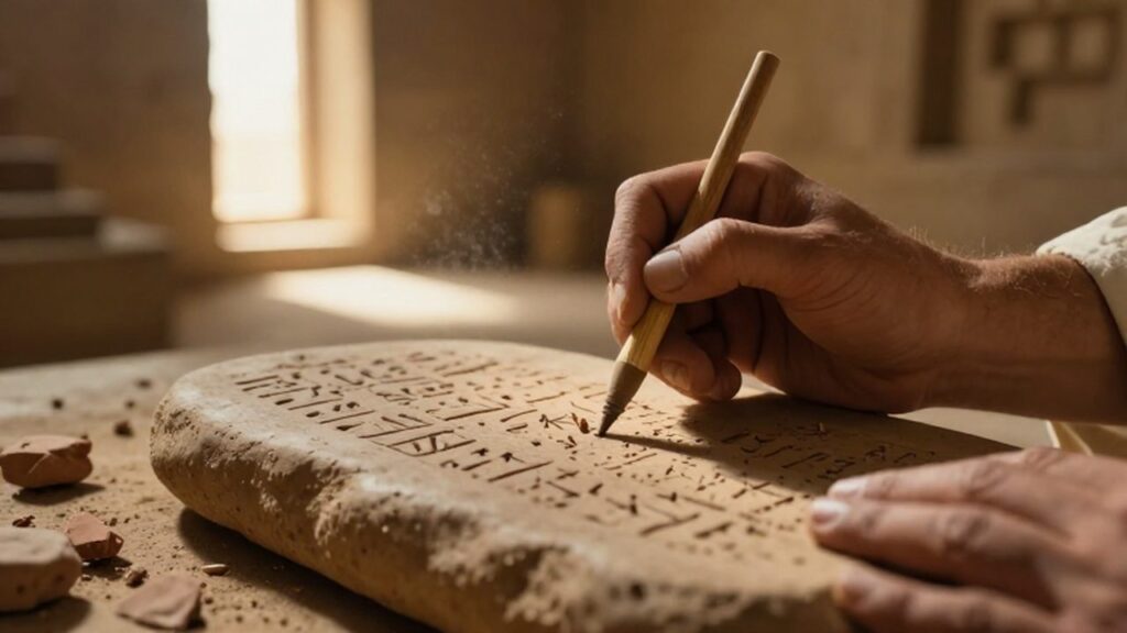 Manos de un escriba mesopotámico grabando símbolos cuneiformes en una tablilla de arcilla húmeda.