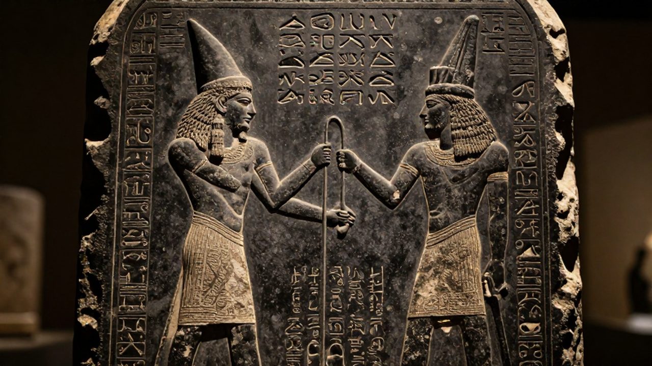 Estela de diorita antigua con inscripciones cuneiformes y relieves del rey Hammurabi.