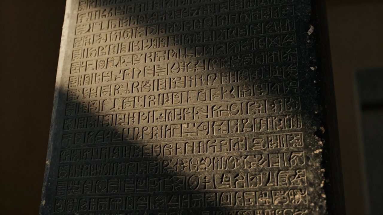 Estela de diorita negra con inscripciones en escritura cuneiforme bajo una luz tenue.