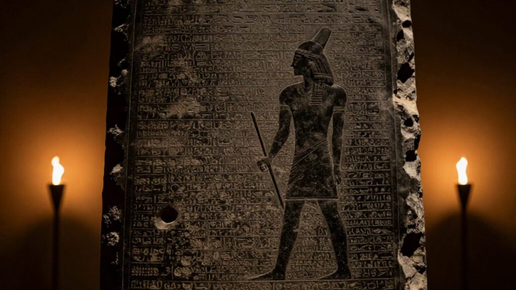 Estela de diorite negra con inscripciones cuneiformes bajo la luz tenue de una antorcha.