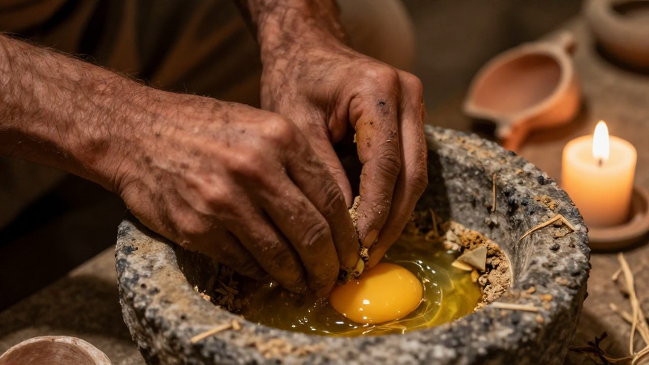 Manos de un artesano mezclando pigmentos minerales con resina y huevo en un mortero de piedra.