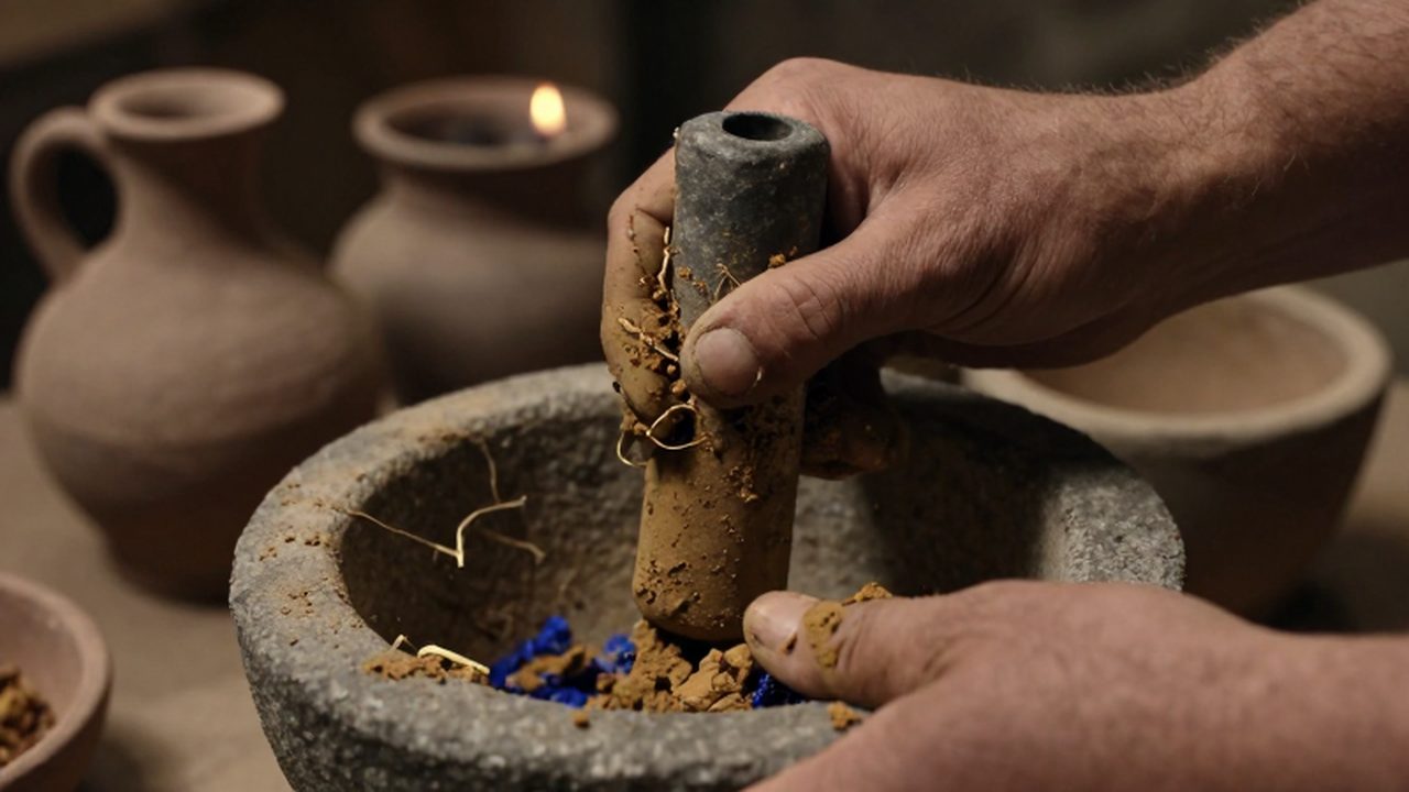 Manos antiguas moliendo pigmentos de ocre y lapislázuli en un mortero de piedra.