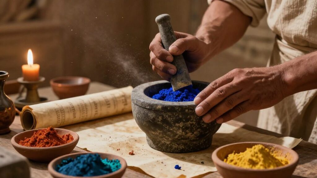 Manos de un artesano egipcio moliendo minerales de colores en un mortero de piedra.
