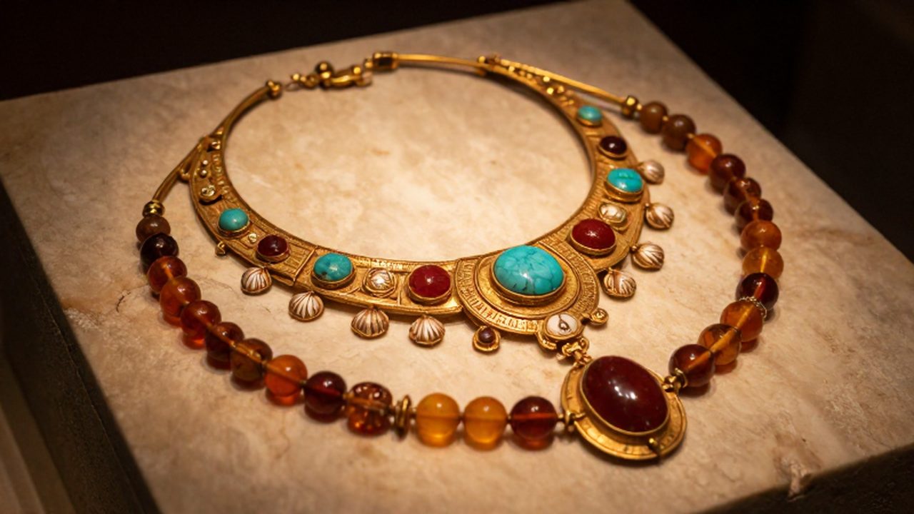 Collares de oro con turquesas y corales dispuestos sobre una superficie de piedra caliza.