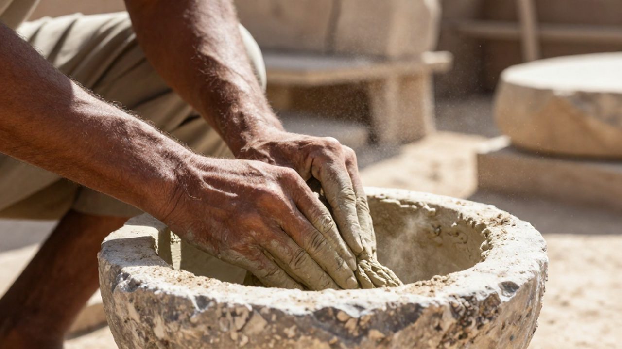 Manos curtidas de un artesano mezclando mortero de cal en un recipiente de piedra.