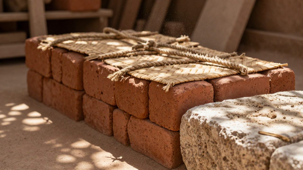 Ladrillos de barro seco, esteras de caña y cuerdas de cáñamo sobre bloques de piedra.