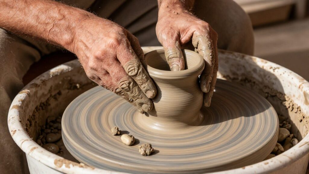 Manos de un artesano moldeando una vasija de arcilla sobre un torno de madera.