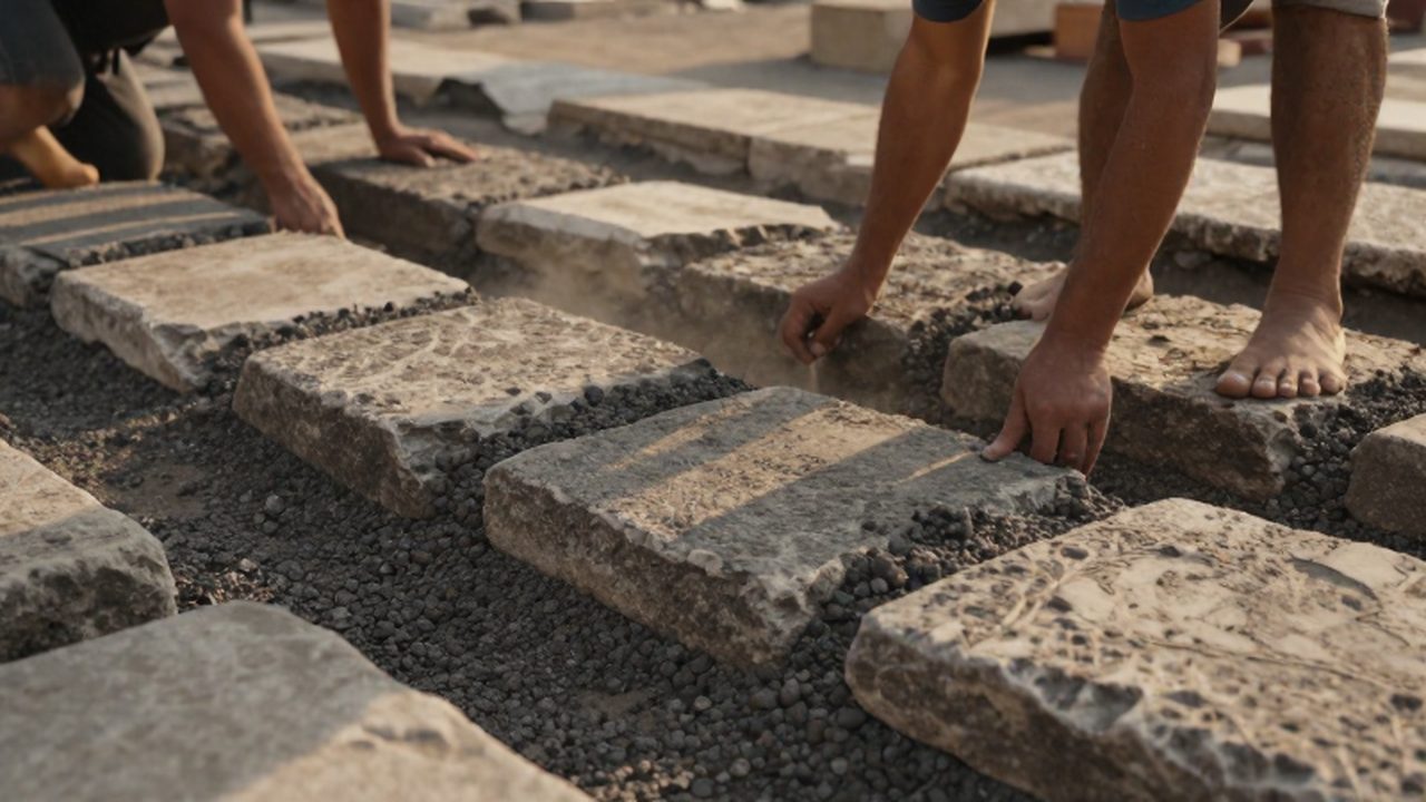 Trabajadores de la Antigua Roma colocando piedras de basalto sobre una capa de mortero.