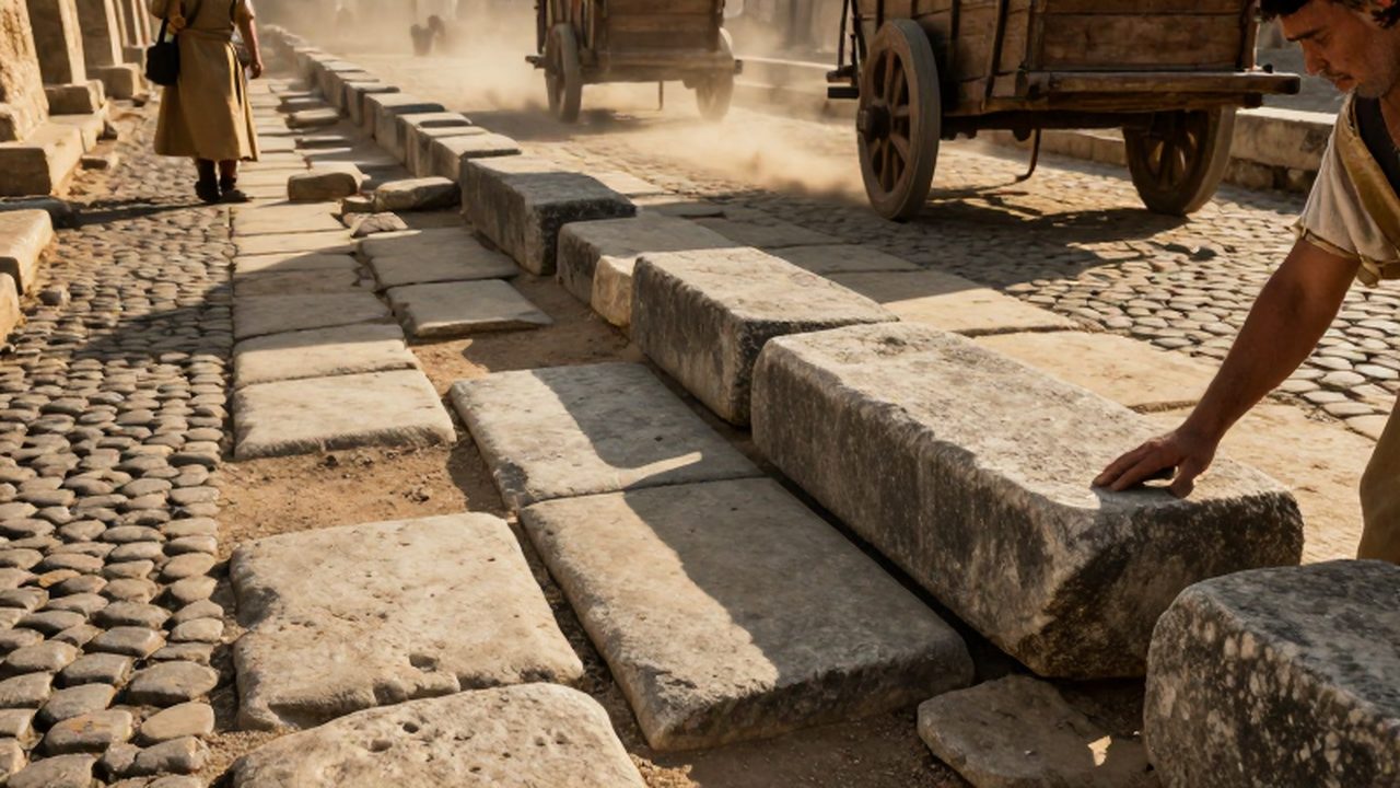 Artesanos trabajando en la construcción de una calle romana con grandes bloques de piedra bajo la luz del atardecer.