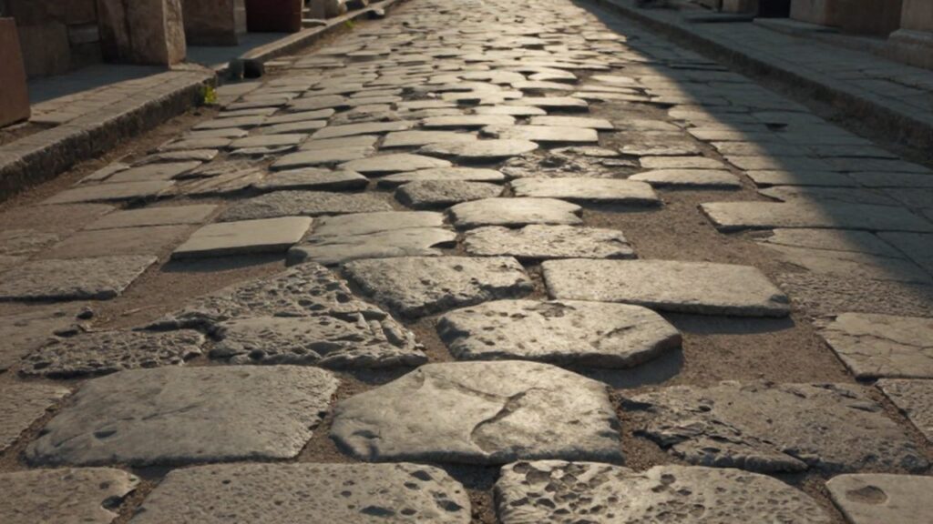 Calle estrecha de la antigua Roma con pavimentación de grandes losas de piedra bajo la luz dorada.