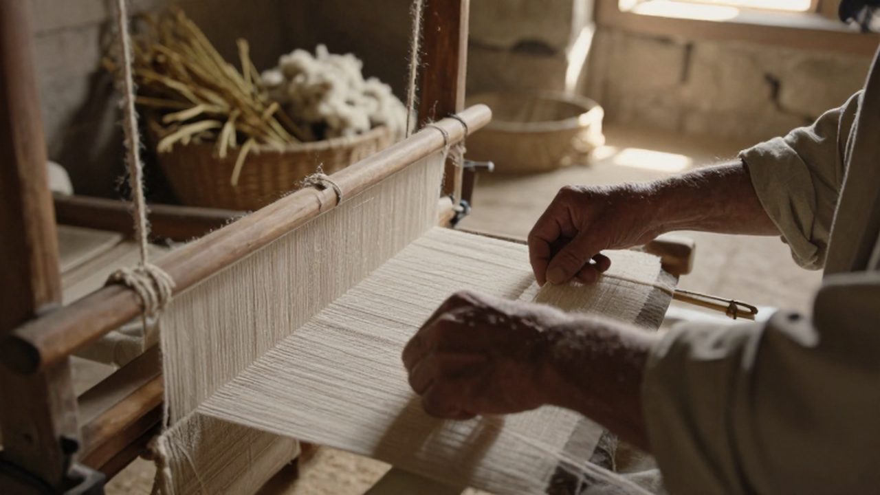 Manos curtidas de un tejedor trabajando un telar de madera con hilos de lino y lana.