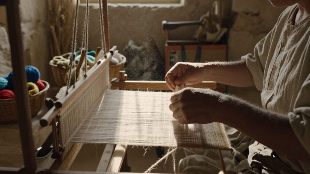 Manos de una tejedora antigua entrelazando fibras de lino y lana en un telar de madera.