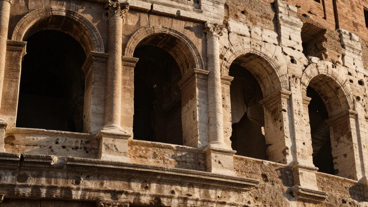 Primer plano detallado de los bloques de piedra y pilares desgastados del Coliseo romano.