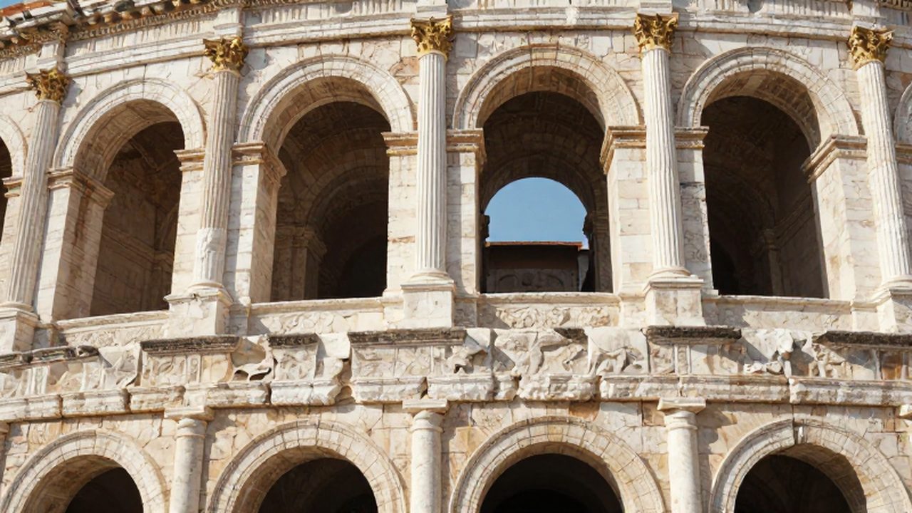 Primer plano detallado de la fachada de piedra caliza y columnas del Coliseo bajo la luz solar.
