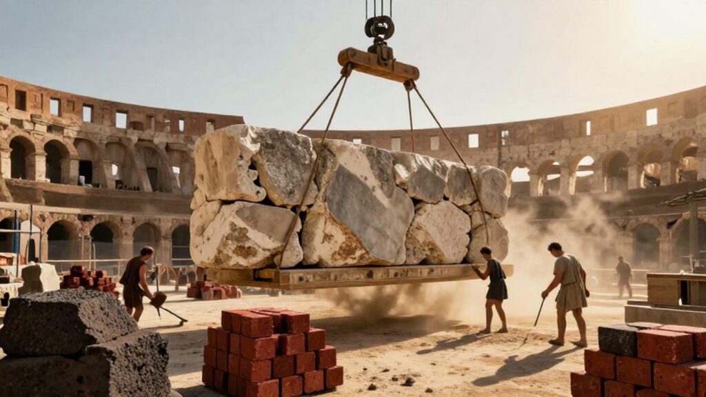Obreros romanos tallando piedras y levantando grandes bloques de caliza en la construcción del Coliseo.