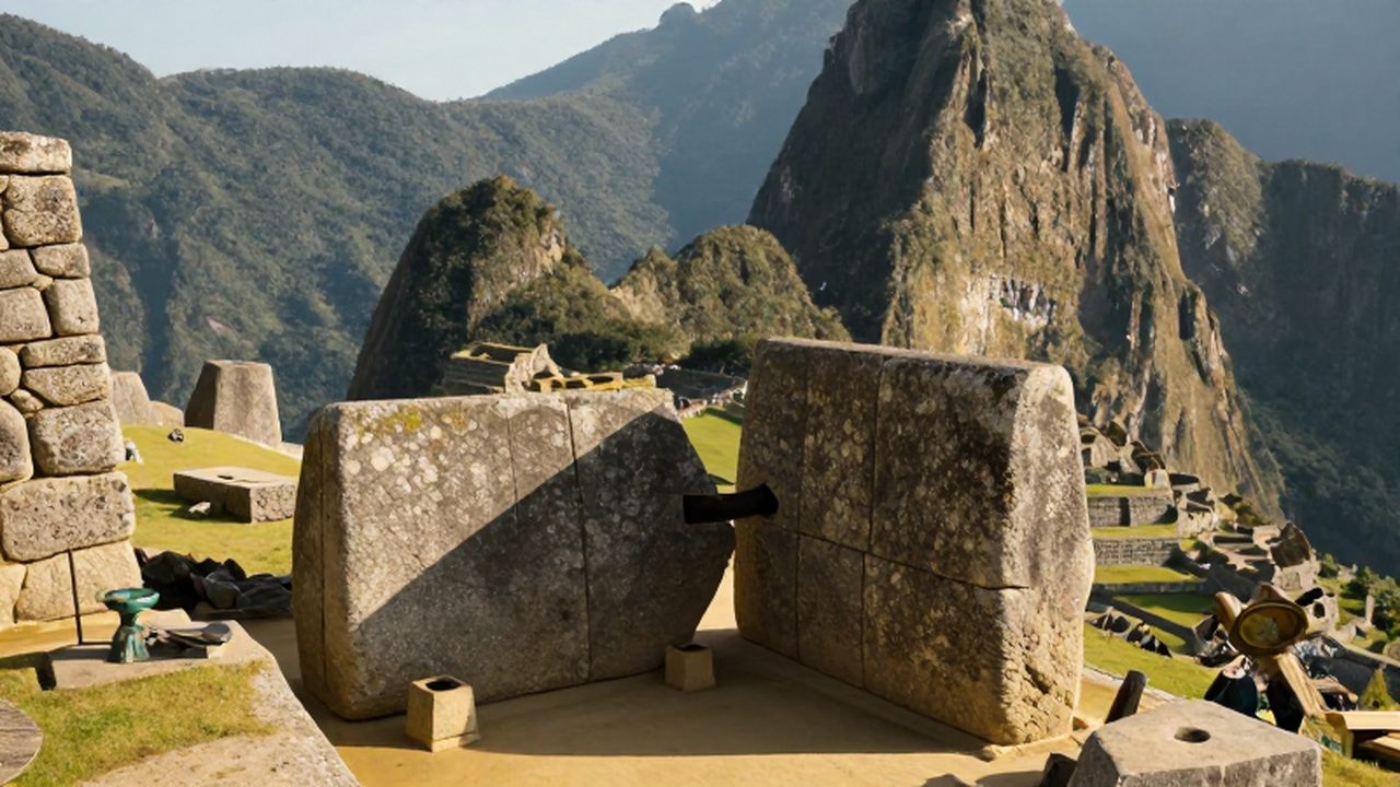 Canteros incas encajando bloques de granito en los muros de Machu Picchu bajo la luz del sol.