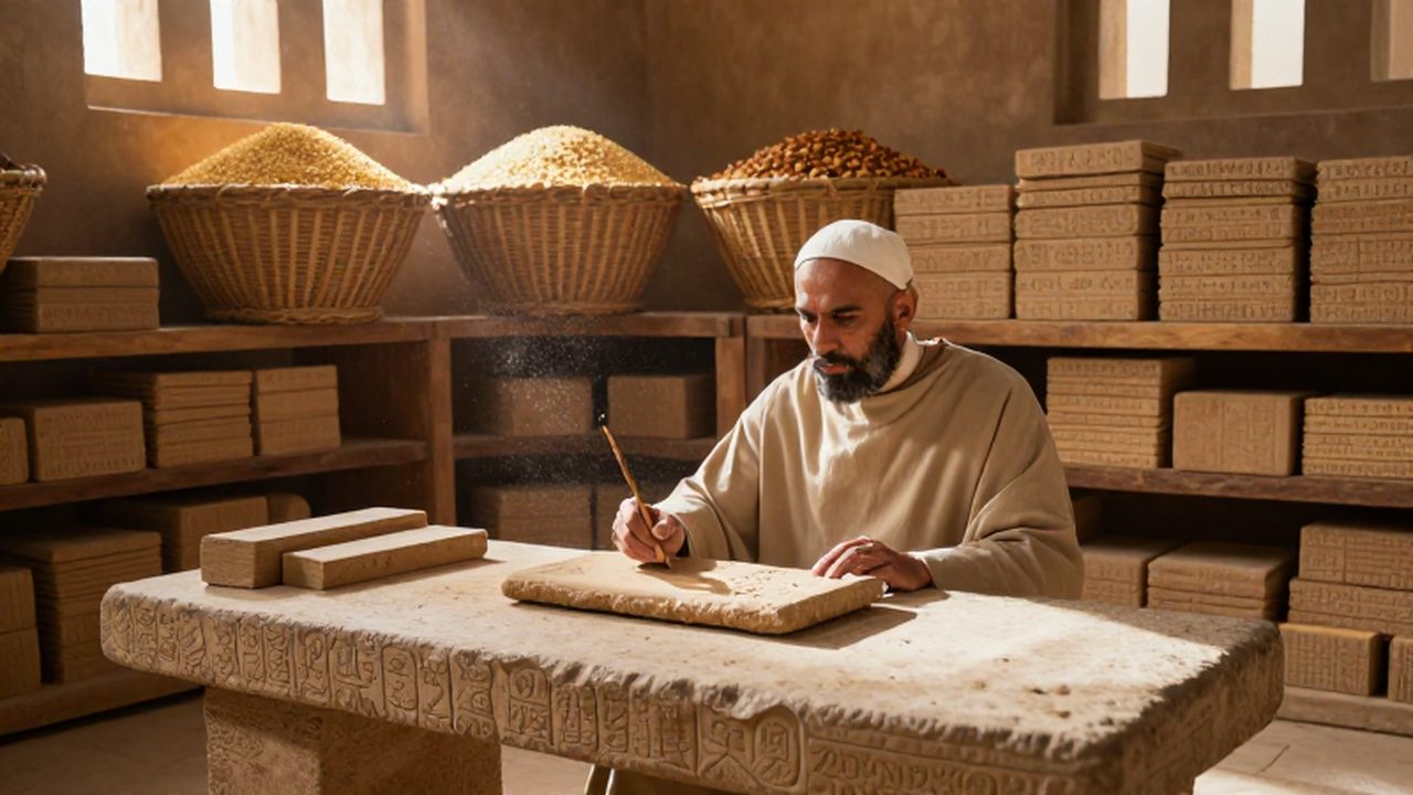 Escriba mesopotámico grabando inscripciones cuneiformes en una tablilla de arcilla en una cámara administrativa.