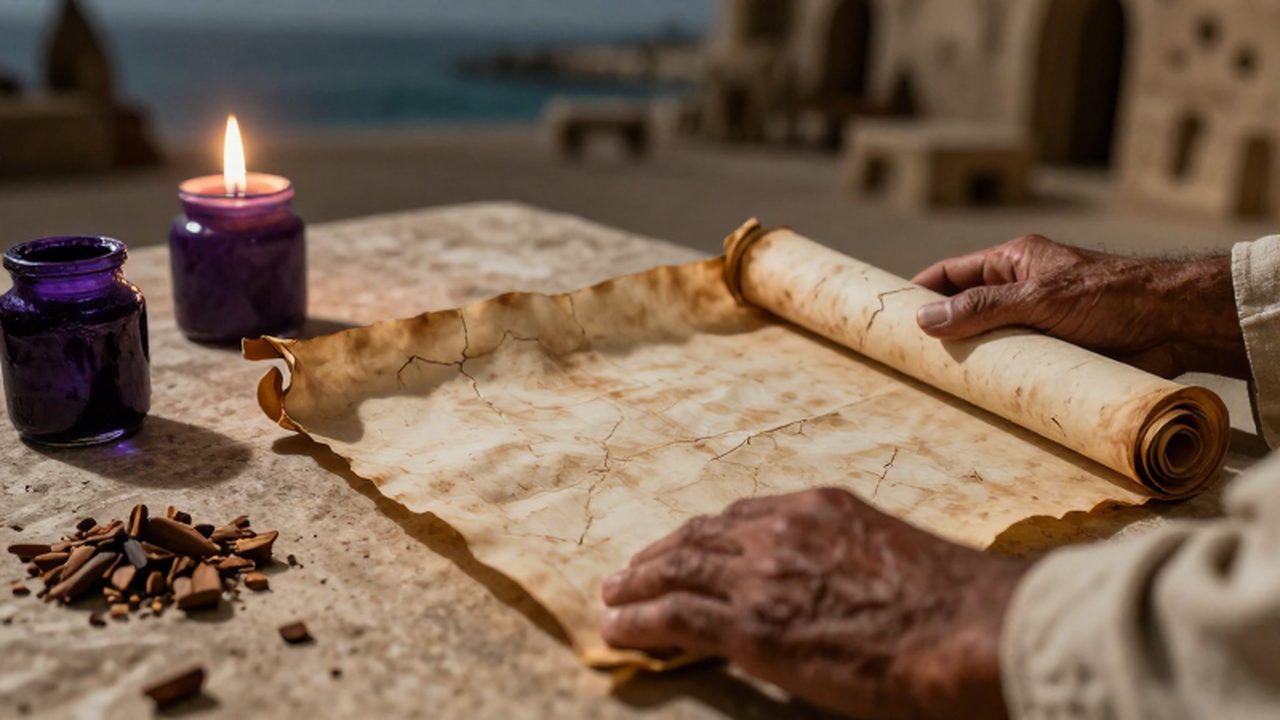 Manos curtidas de un comerciante fenicio desenrollando un pergamino antiguo sobre una mesa de piedra.