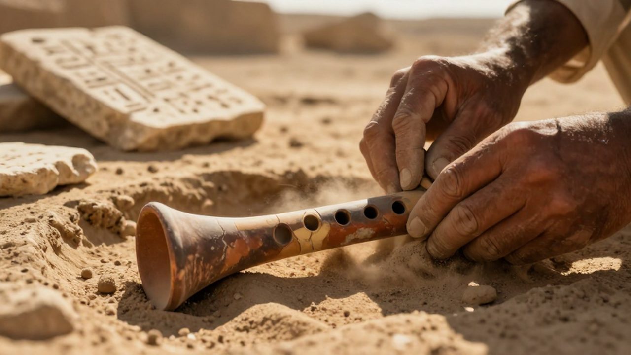 Manos de arqueólogo limpiando con un pincel una flauta de terracota antigua semienterrada.