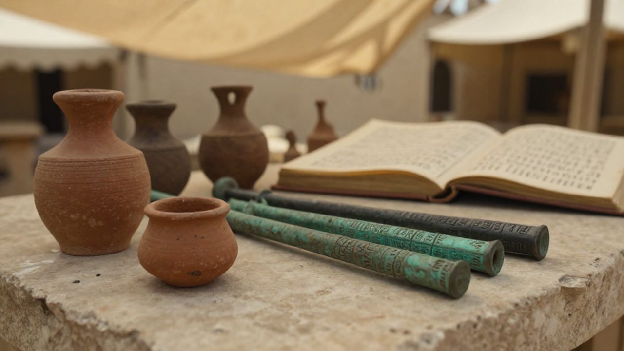 Pesas de arcilla antigua y varas de bronce sobre una superficie de piedra con un libro de contabilidad cuneiforme.