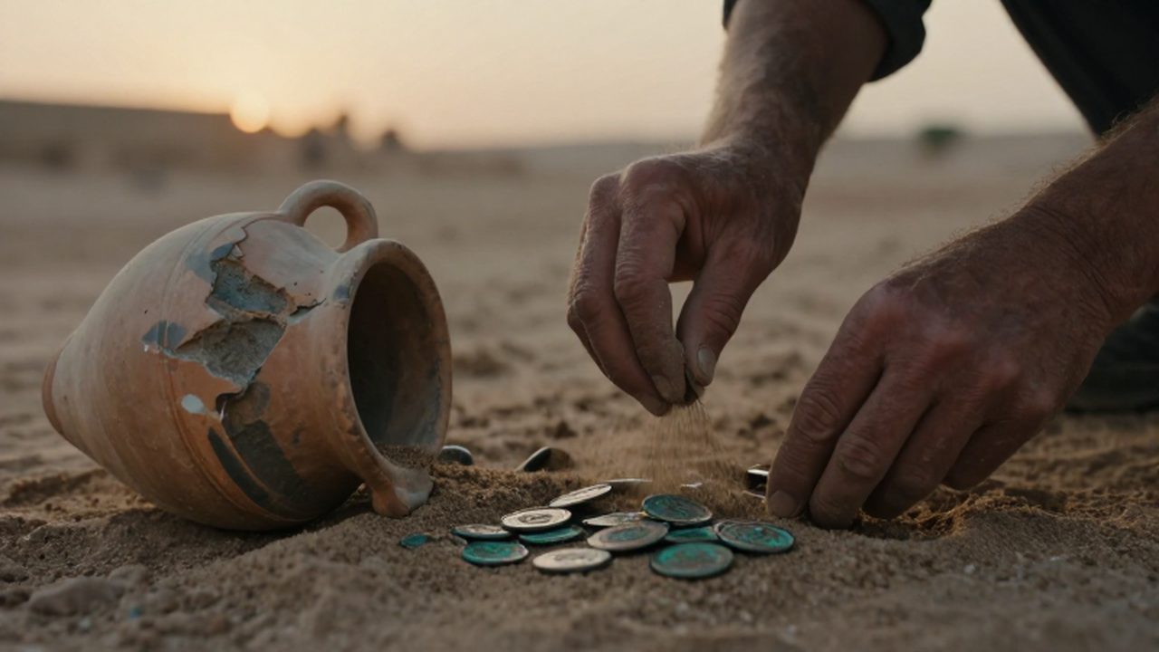 Manos de un arqueólogo limpiando con un pincel una ánfora fragmentada y monedas de bronce oxidadas.