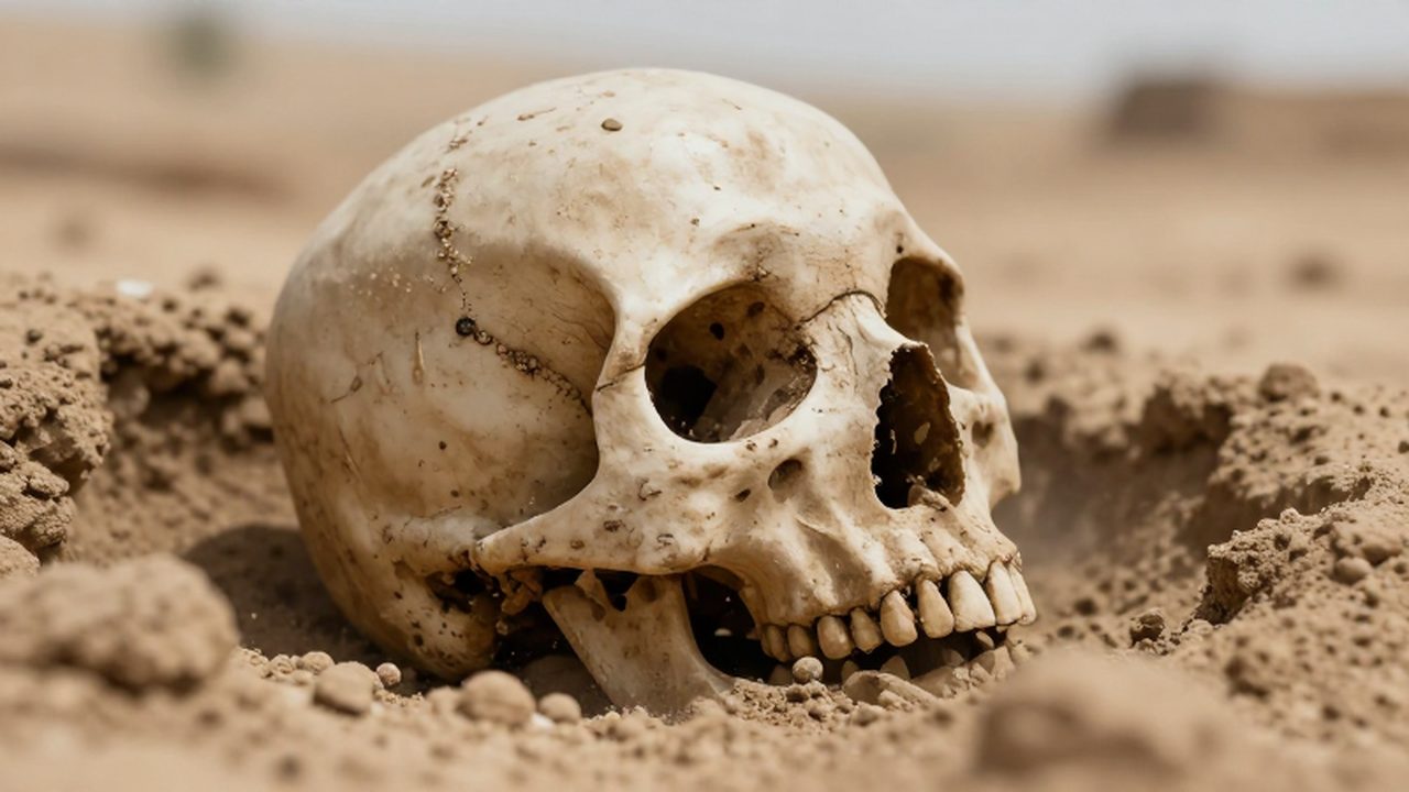 Cráneo humano antiguo parcialmente enterrado en la tierra seca de un sitio de excavación.
